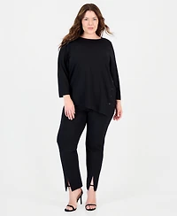Anne Klein Essentials Plus Asymmetrical Button Serenity Knit 3/4-Sleeve Boat-Neck Tunic