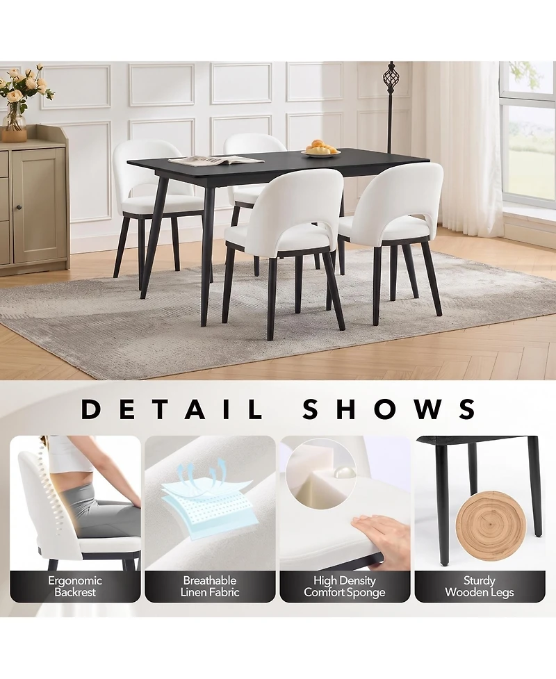 Modern Upholstered Dining Chairs Set of 2, Linen Seat, Thick Cushion, Curved Backrest, Sturdy Wood Legs, Ideal for Dining Room, Restaurant, or Cafe