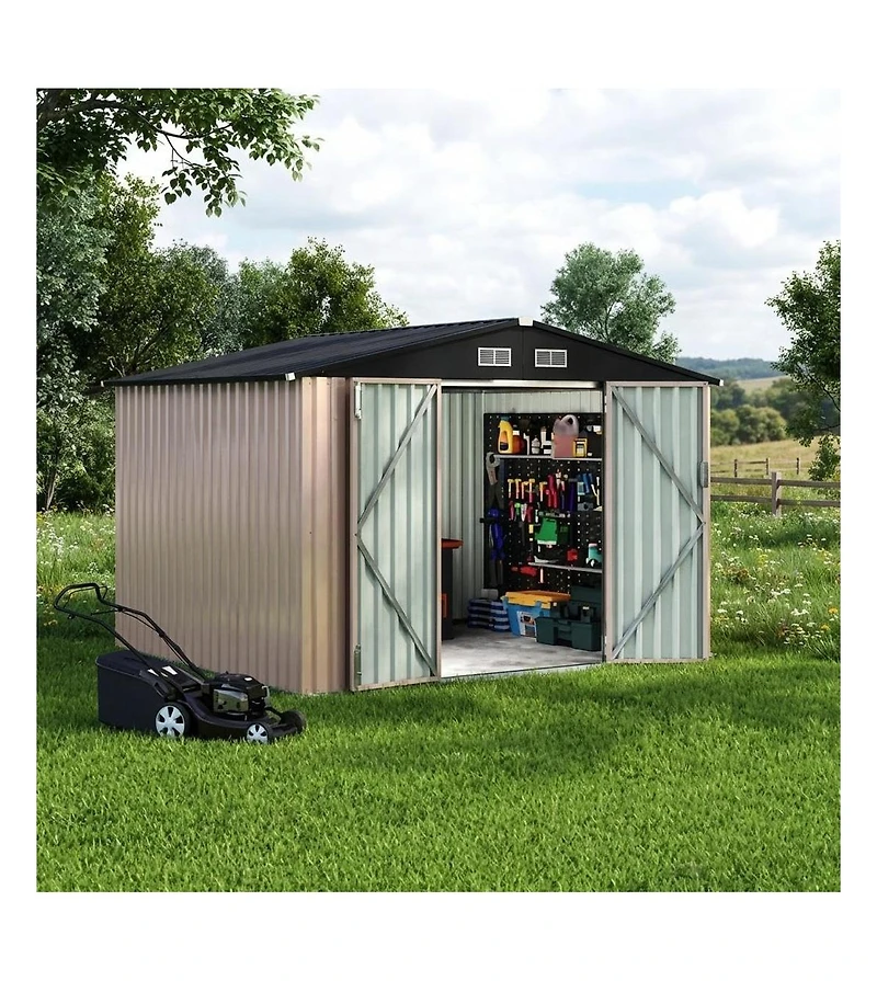 93x63x77 In Galvanized Steel Storage Shed, 6x8 Ft Metal Tool Room with/without Solar Light and Lockable Door for Backyard Patio, Grey/Brown