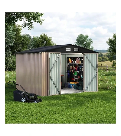 93x63x77 In Galvanized Steel Storage Shed, 6x8 Ft Metal Tool Room with/without Solar Light and Lockable Door for Backyard Patio, Grey/Brown