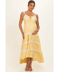 Pinkblush Women's Yellow Lace Trim Tiered Maxi Dress