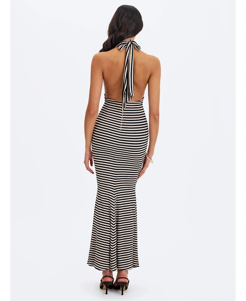 Miss Circle Women's Hannah Almond and Black Lyocell Jersey Striped Mermaid Maxi Dress