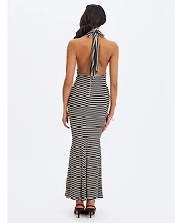 Miss Circle Women's Hannah Almond and Black Lyocell Jersey Striped Mermaid Maxi Dress