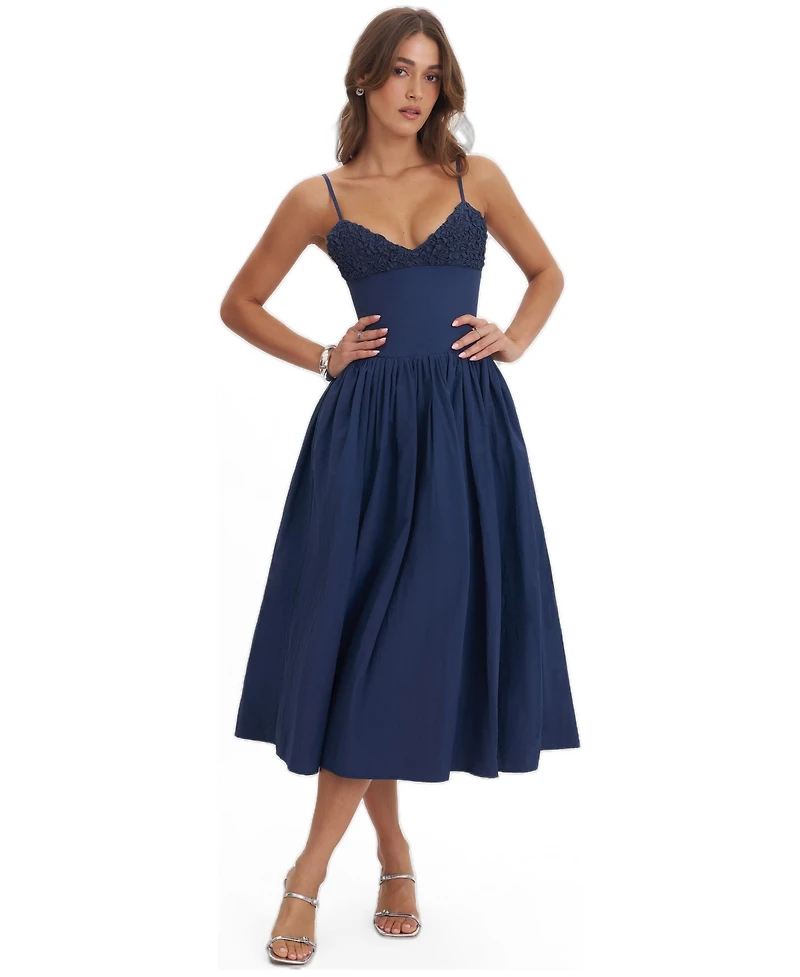 Miss Circle Women's Ailani Navy Taffeta Smocked Midi Dress