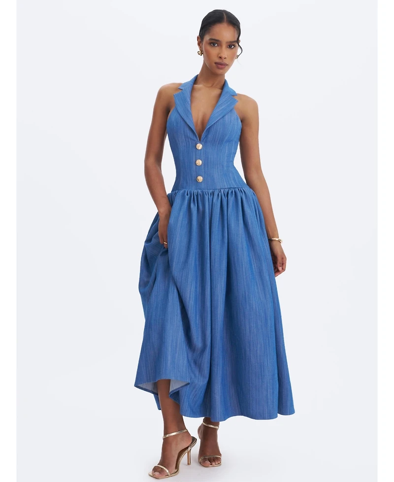 Miss Circle Women's Xyan Navy Denim Lapel Halter A-Line Midi Dress