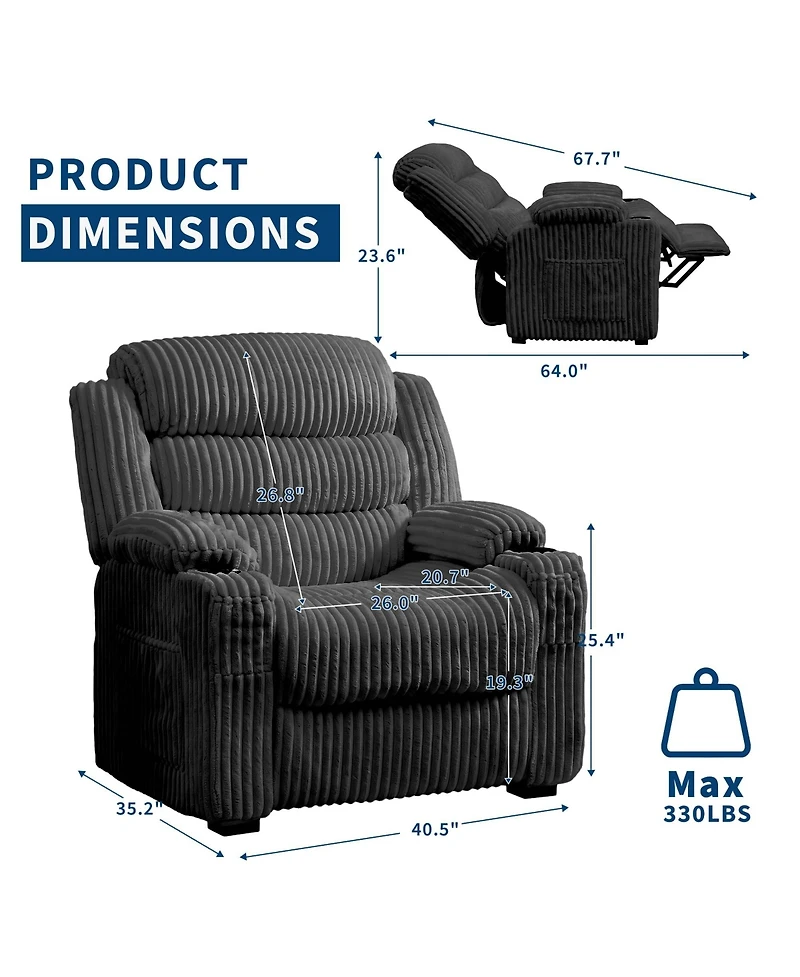 Power Recliner Chair 360 degree Swivel 26 Inch Seat for Adults, Adjustable Reclining Chair with Dual Cup Holders Side Pocket for Living Room, Bedroom