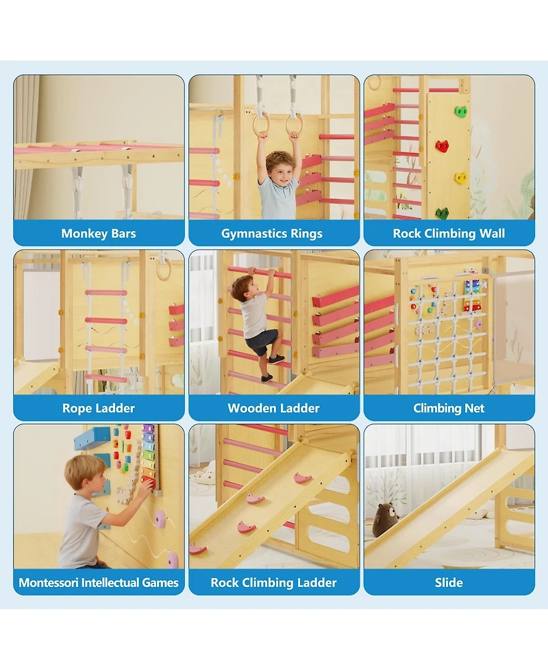 9-in-1 Indoor Jungle Gym, Wooden Playground for 2-8, Climbing Structure with Slide, Monkey Bars, Ladder, Rock Wall, Climbing Net, Rings