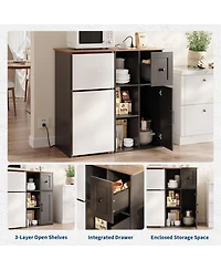 40"L x 20"D x 38.5"H Mini Fridge Stand Cabinet with Open Shelves Drawer and Cabinet, Kitchen Sideboard for Beverage Coffee Bar, Black/White