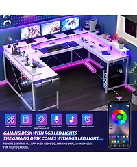 79 Inch U-Shaped Computer Desk with Power Outlets and Led Lights, Engineered Wood Top with Steel Frame for Home Office Gaming Study, White Willow
