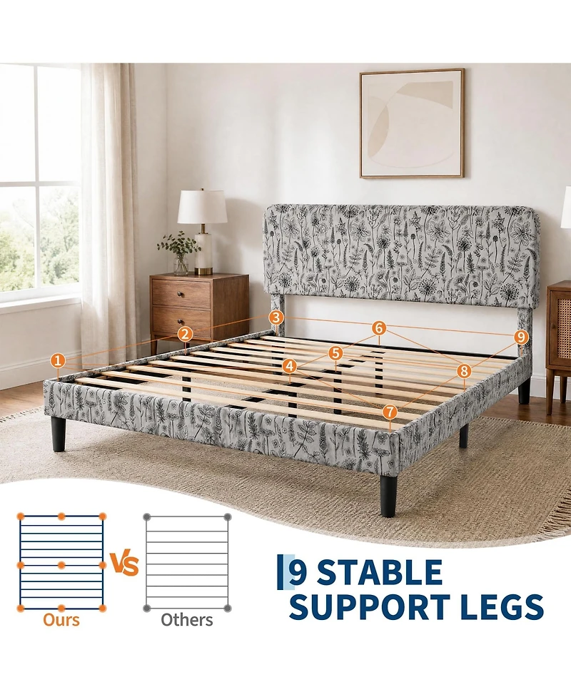 Queen/Full Upholstered Bed Frame with Floral Pattern Headboard, Flannel Fabric Engineered Wood Platform Bed for Bedroom