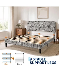 Queen/Full Upholstered Bed Frame with Floral Pattern Headboard, Flannel Fabric Engineered Wood Platform Bed for Bedroom