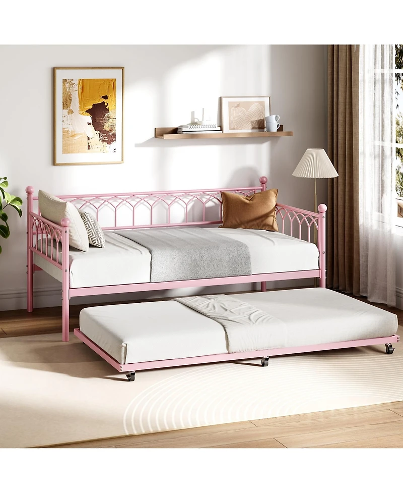 Twin Metal Sofa Bed with Pull Out Lower Bed, Led Light Daybed Frame for Kids Bedroom Living Room Guest Room, Pink/Black