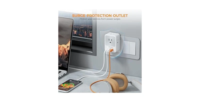 Tessan Wall Outlet Extender with 1 Usb C, 2 Usb A, 15W for Home, Office and Travel