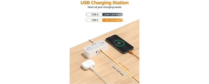 Tessan Wall Outlet Extender with 25 Feet, 1 Usb C, 2 Usb A for Home, Office and Travel