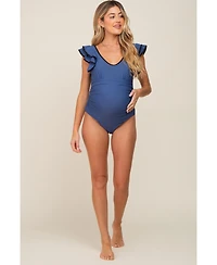Pinkblush Women's Blue Color Blocked Ruffle Shoulder Cutout Back One Piece Swimsuit