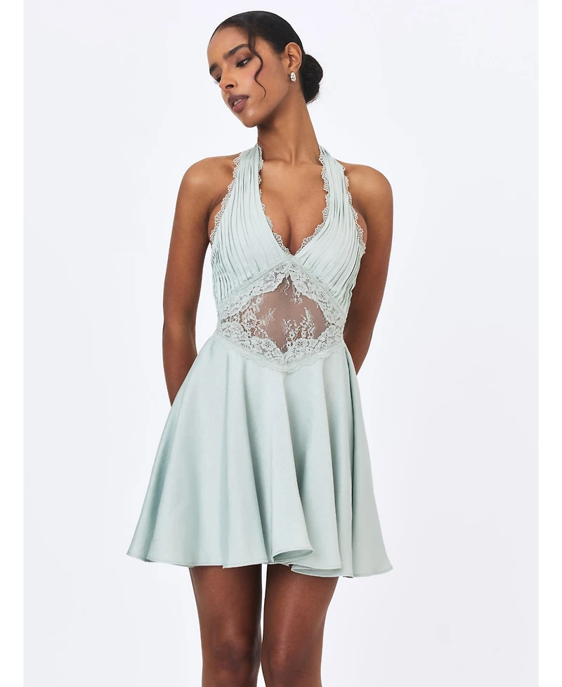 Miss Circle Women's Rianna Light Sage Crinkle Satin Halter Mini Dress
