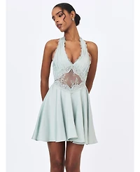 Miss Circle Women's Rianna Light Sage Crinkle Satin Halter Mini Dress