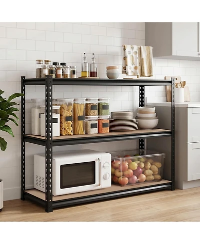 36 Inch 3-Tier Heavy Duty Storage Rack with Carbon Steel Frame and Engineered Wood Shelves, Garage Shelving Unit, Matte Black