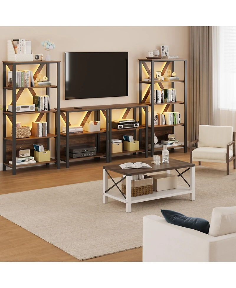 4/3 Tier Bookshelf with Led Light Strip, Iron Frame Open Bookcase, Storage Display Shelf for Living Room Bedroom Home Office, Grey/Brown