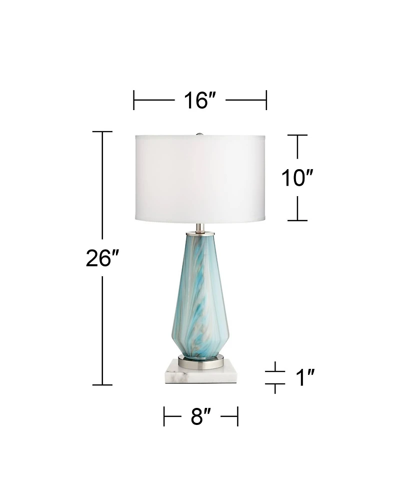 Possini Euro Design Jaime Modern Table Lamp with Square White Marble Riser 26" High Blue Gray Art Glass Drum Shade for Bedroom Living Room Bedside
