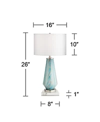 Possini Euro Design Jaime Modern Table Lamp with Square White Marble Riser 26" High Blue Gray Art Glass Drum Shade for Bedroom Living Room Bedside