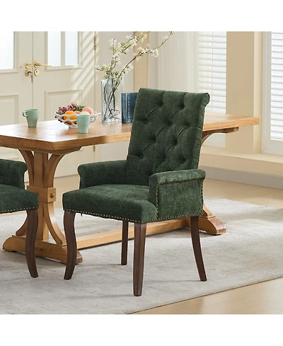 Flynama Single Chenille Tufted Arm Dining Chair, Curved Hand Sanded Solid Wood Legs 300lbs Capacity