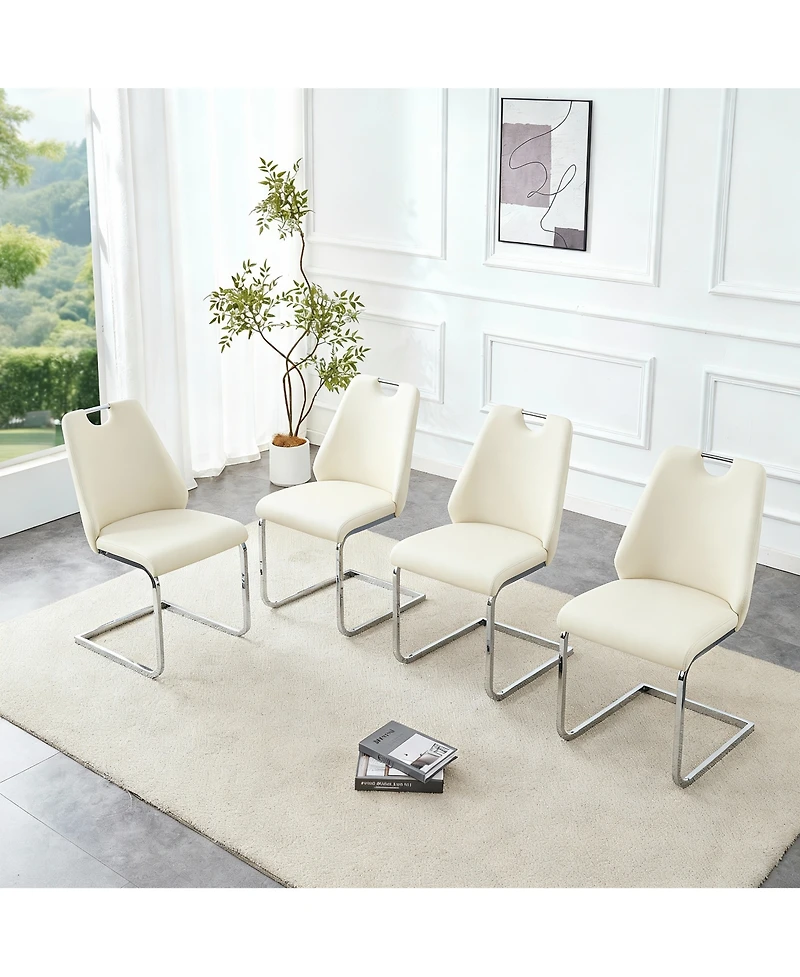 Flynama Set of 2 Pu Mesh Texture High Back Dining Chairs, Back Ring Chrome Pull Handle Solid Iron Frame
