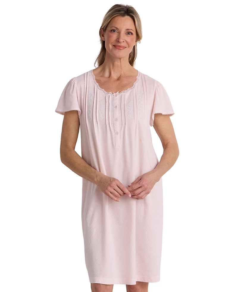 Miss Elaine Women's Silky-Knit Pointelle Lace-Trim Cotton-Blend Nightgown