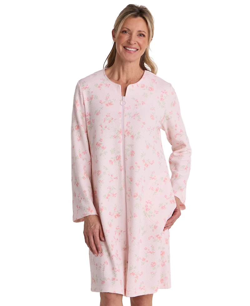 Miss Elaine Women's Zip-Front Floral Textured Knit Robe