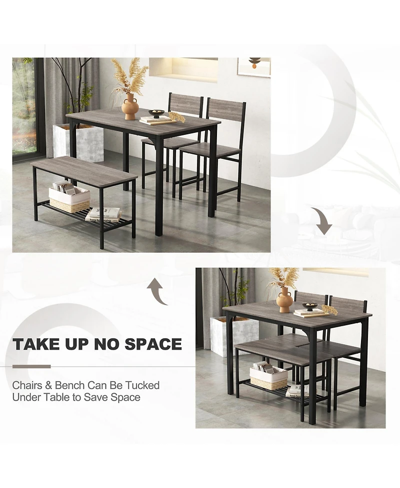 Mecale 4-Piece Rustic Dining Table Set with Storage Bench and 2 Chairs