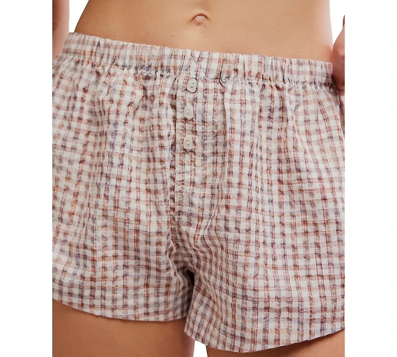 Free People Women's Cross My Heart Pull-On Crinkled Plaid Boxer Shorts, 2" Inseam