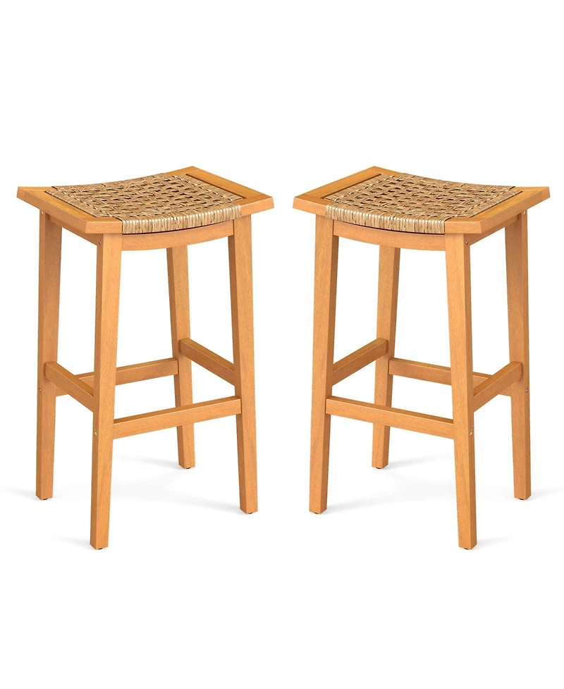 Mecale Set of 2 Outdoor Acacia Wood Bar Stools with Rattan Seats