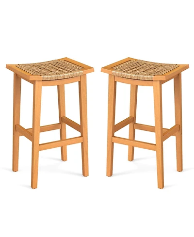 Mecale Set of 2 Outdoor Acacia Wood Bar Stools with Rattan Seats