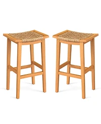 Mecale Set of 2 Outdoor Acacia Wood Bar Stools with Rattan Seats