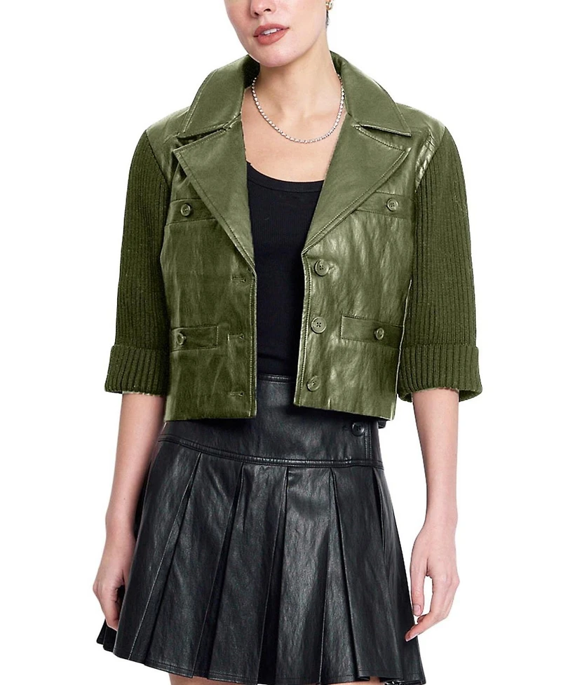 Central Park West Women's Quinn Faux-Leather with Knit Sleeves Cropped Jacket