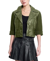 Central Park West Women's Quinn Faux-Leather with Knit Sleeves Cropped Jacket
