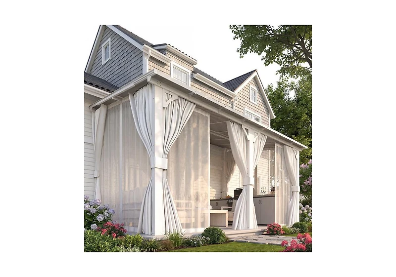 Aecojoy 14' x 8'Wall Mounted Hardtop Gazebo Lean to Metal Pergola with Curtains Netting Patio