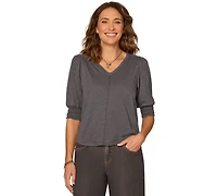 Democracy Petite Elbow-Length Blouson Scalloped V-Neck Blouse