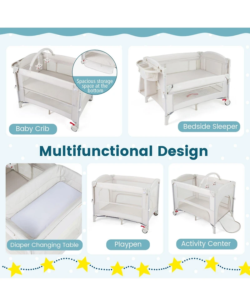 Costway Baby Bassinet Bedside Crib with Changing Table Mattress Detachable Canopy Basket