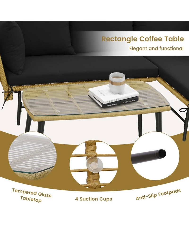 Sugift 3-Piece L-Shape Outdoor Rattan Patio Sofa Set with Glass Coffee Table