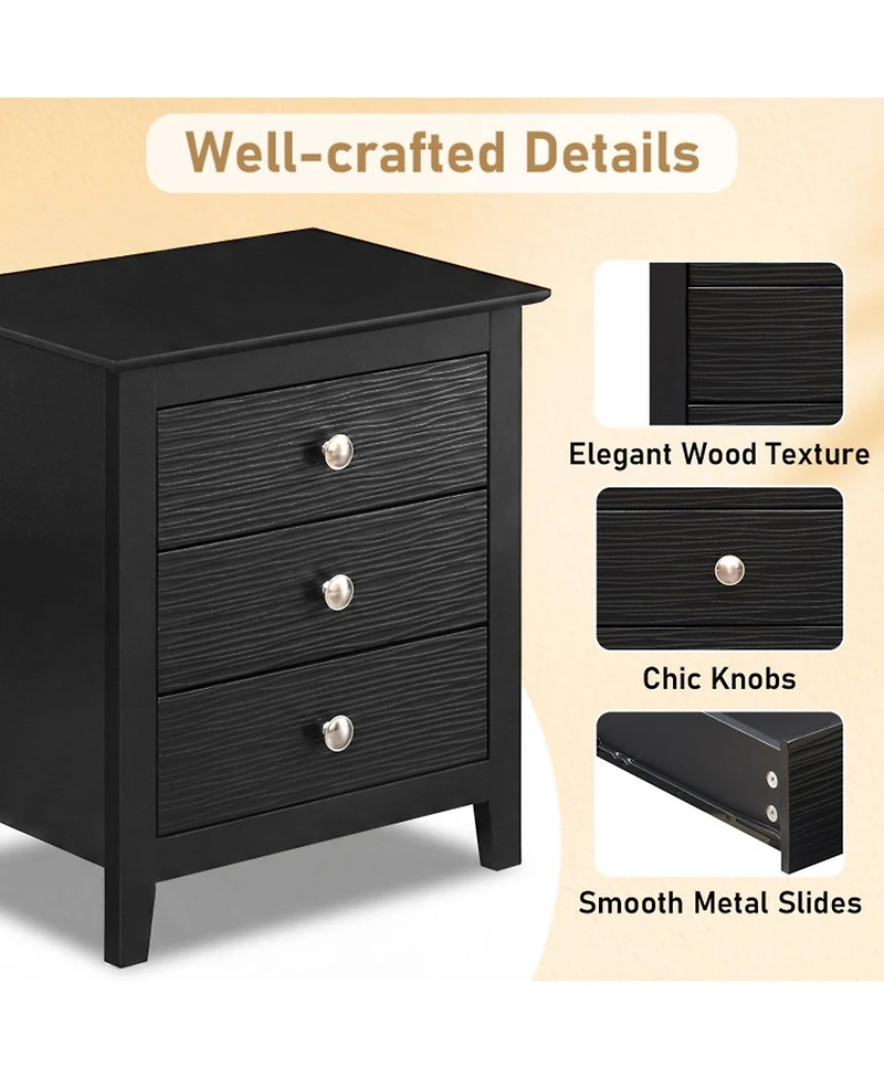 Sugift Modern Farmhouse 3-Drawer Nightstand Set of 2 with Wood Grain Accents