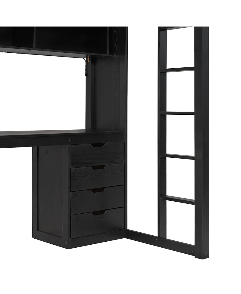 Clihome Twin Size Solid Wood Loft Bed with L-Shaped Desk and 4 Drawers, Ash Veneer High Loft Bed with Smart App Control Led Light Strip