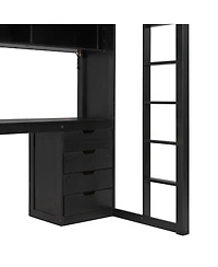 Clihome Twin Size Solid Wood Loft Bed with L-Shaped Desk and 4 Drawers, Ash Veneer High Loft Bed with Smart App Control Led Light Strip