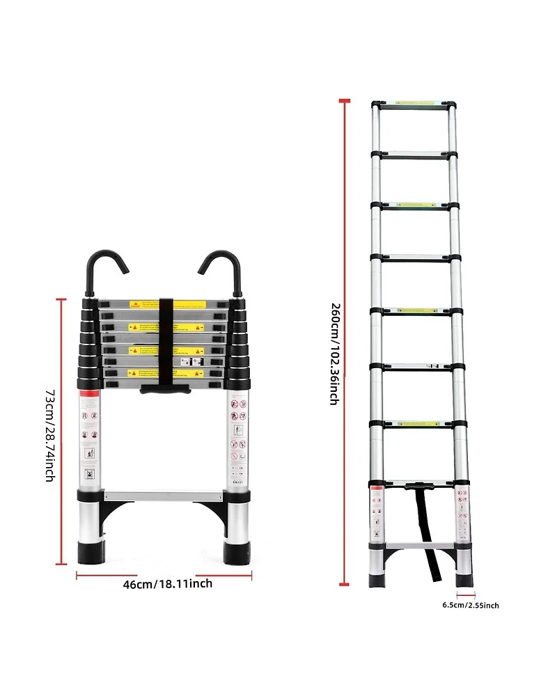 Streamdale Furniture 8.5FEET Telescopic Aluminum Alloy Folding Ladder with Hooks and Triangular Support
