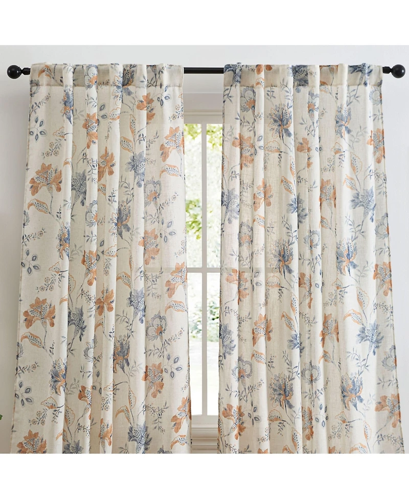 Hlc.me Spring Bloom Linen Floral Print Patterned Curtains - Back Tab Pocket Window Flower Curtains Panels for Bedroom and Living Room, Set of 2