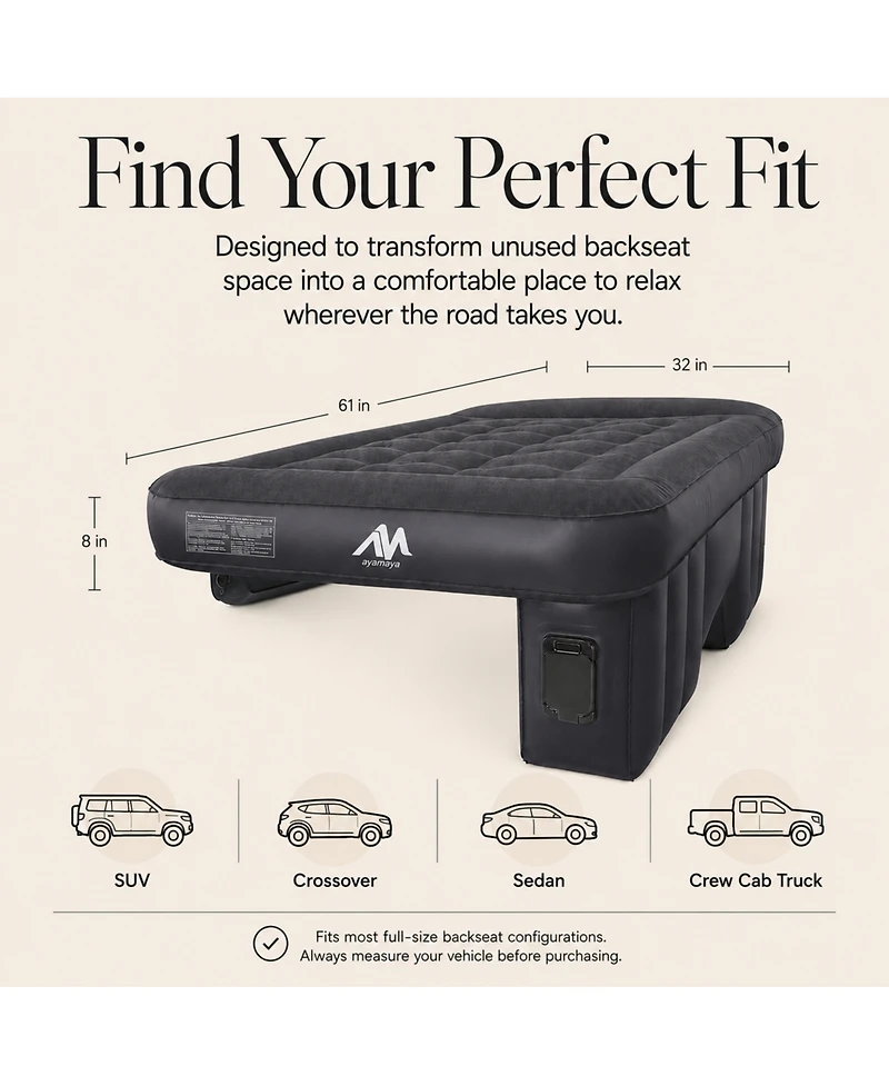 Ayamaya Xl Car Air Mattress for Back Seat with Rechargeable Pump, Comfortable Travel Bed for Suv and Sedan Trips