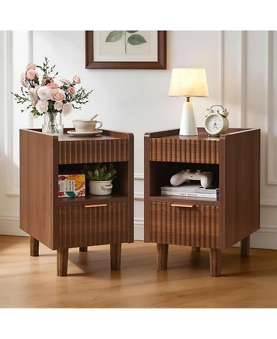 Streamdale Furniture Fluted Wood Nightstands with Drawer, 2 Pack Modern Bedside Tables