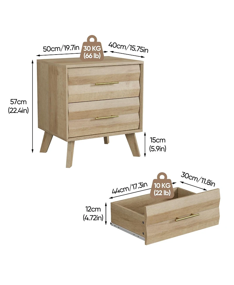 Streamdale Furniture Double Drawer Medieval Modern Bedside Storage Cabinet with Metal Handles