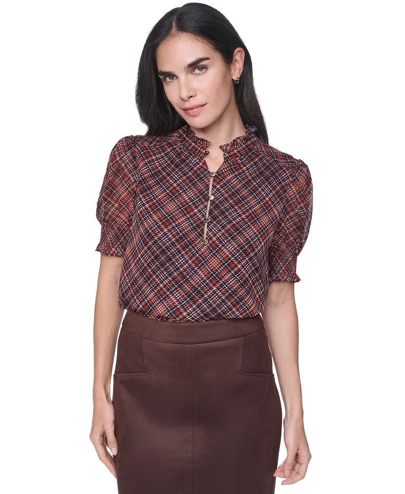 Tommy Hilfiger Women's Mock-Neck Short-Sleeve Plaid Blouse