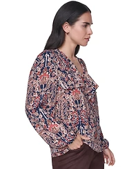 Tommy Hilfiger Women's Long-Sleeve Floral-Print Ruffle-Trim V-Neck Blouse